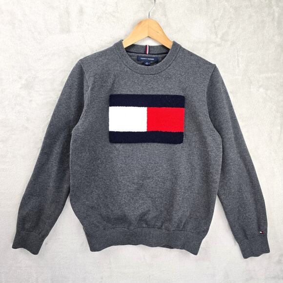 Tommy Hilfiger Sweatshirt Mens Medium Gray Crewneck Fleece Embroidered Flag Turf - Picture 1 of 10